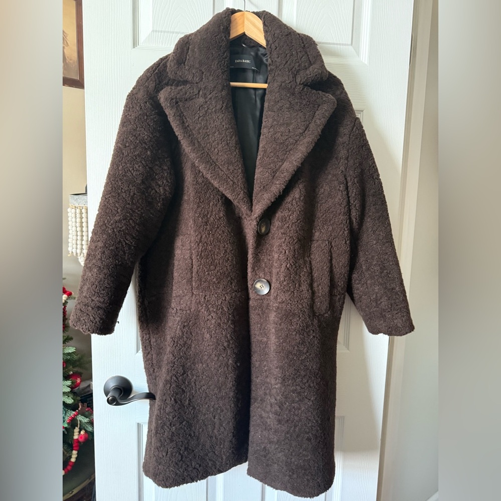 Zara  Chocolate Brown Faux Fur Teddy Wool Coat Jacket Size S